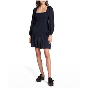 Ganni Puff Puffy Sleeve Ecovero Smocked Mini Dress Ripstop sz 36 Navy A-Line